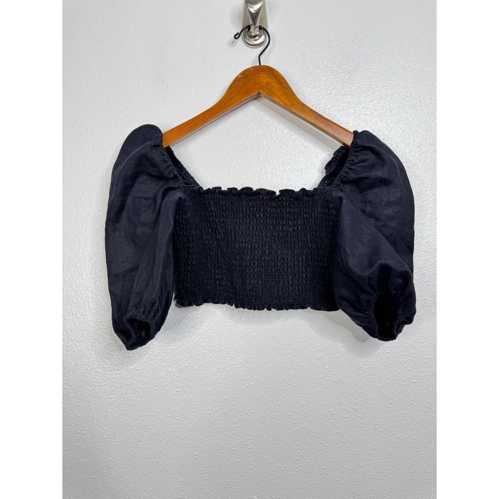 Reformation Black Linen Smocked Cropped Top Size 2 Petite
